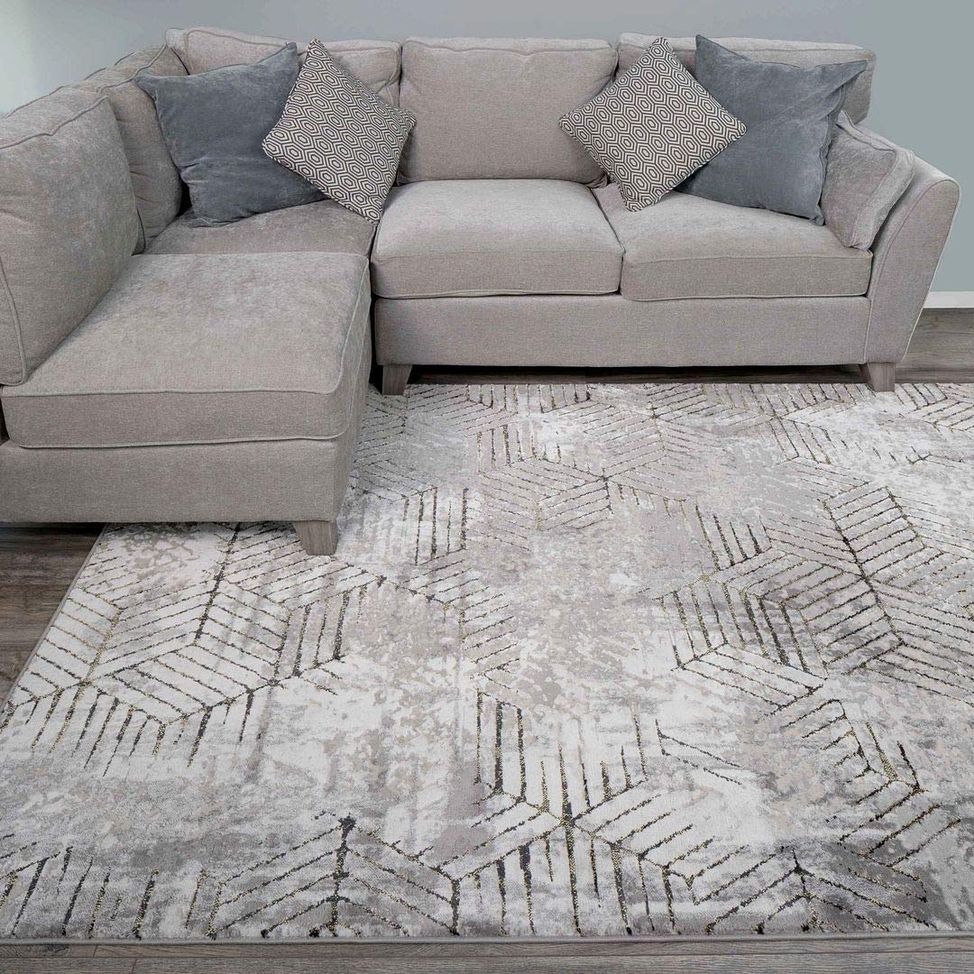 Silver Grey Geometric Distressed Gold Metallic Living Room Rug Plush Designer Lounge Bedroom Area Rugs 80cm x 150cm