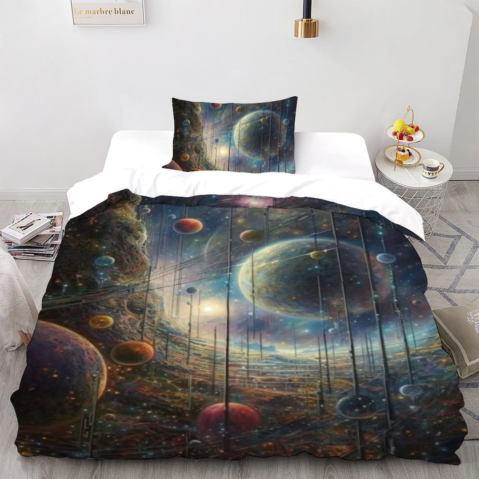 Housse de couette lit enfant 1 place microfibre anti-transpiration imprimé galaxie 135x200