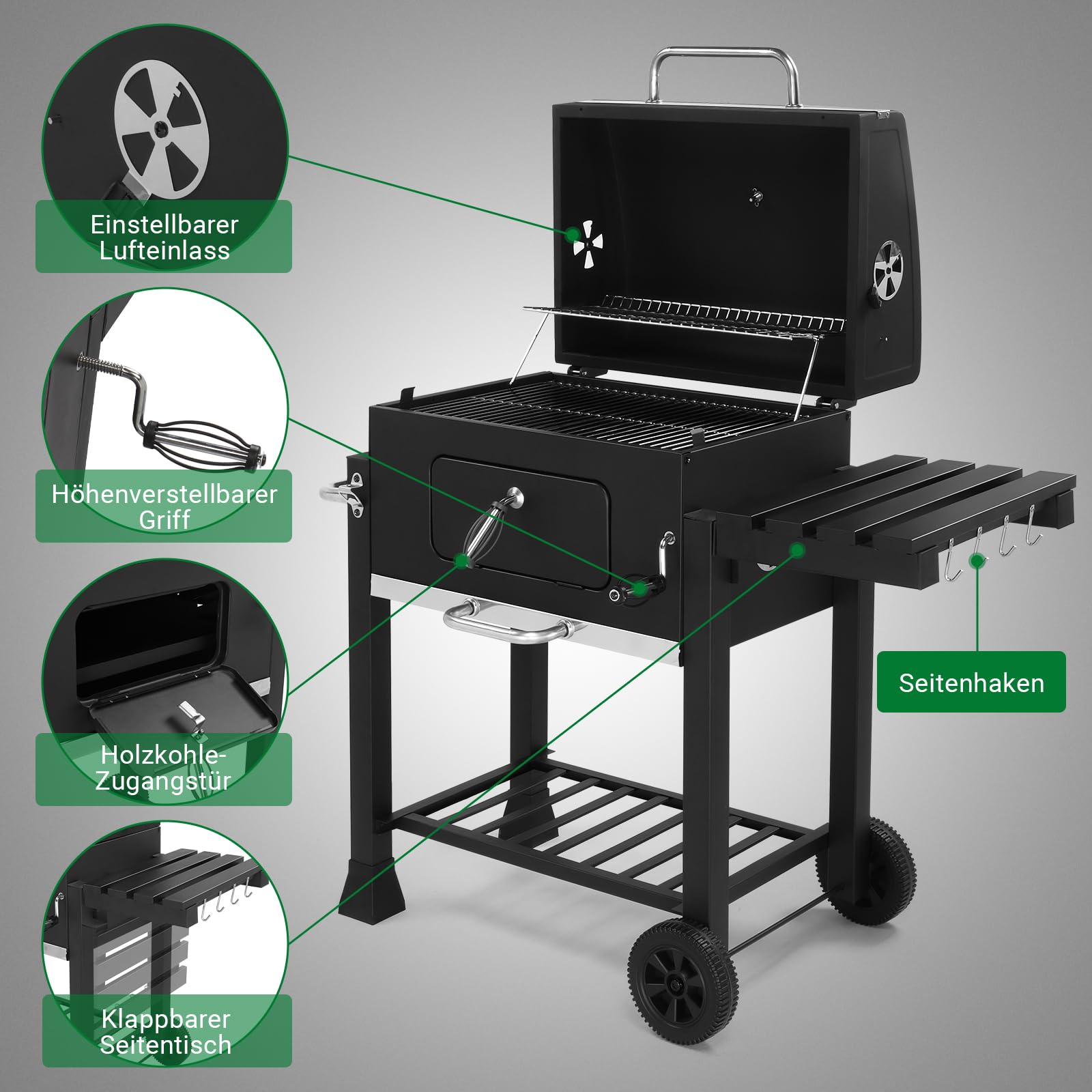 LEADZM Holzkohlegrill mit klappbarem Seitentisch und Rädern, robuster BBQ Grill für Garten, Terrasse und Outdoor Grillabende, 116 × 57 × 108 cm