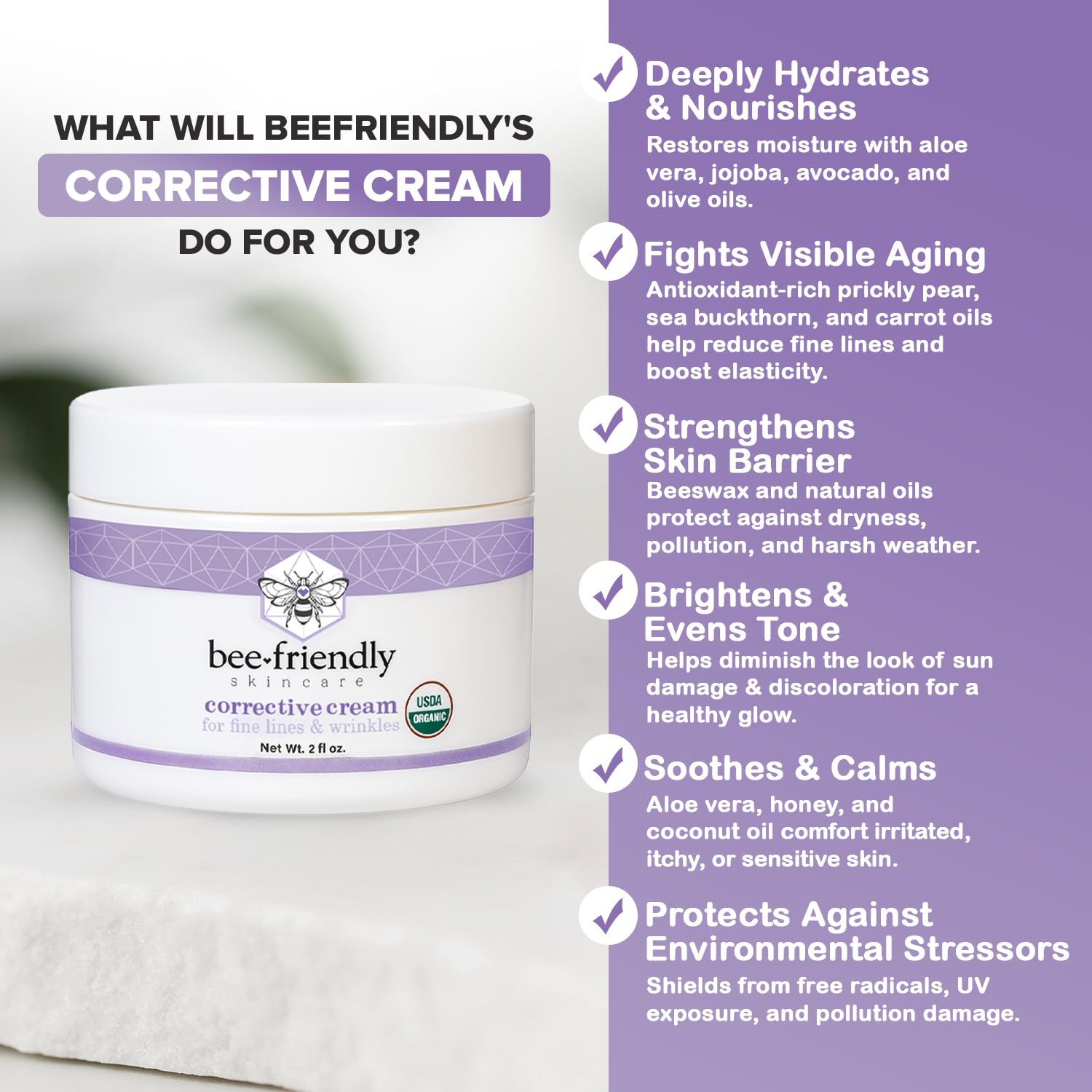 Organic Corrective Cream, USDA Certified Face Moisturizer Rich Anti Aging Facial Night Cream For Sensitive Skin Aids With Fine Lines, Wrinkles, Crows Feet, Eyes, Face, Neck 2 oz