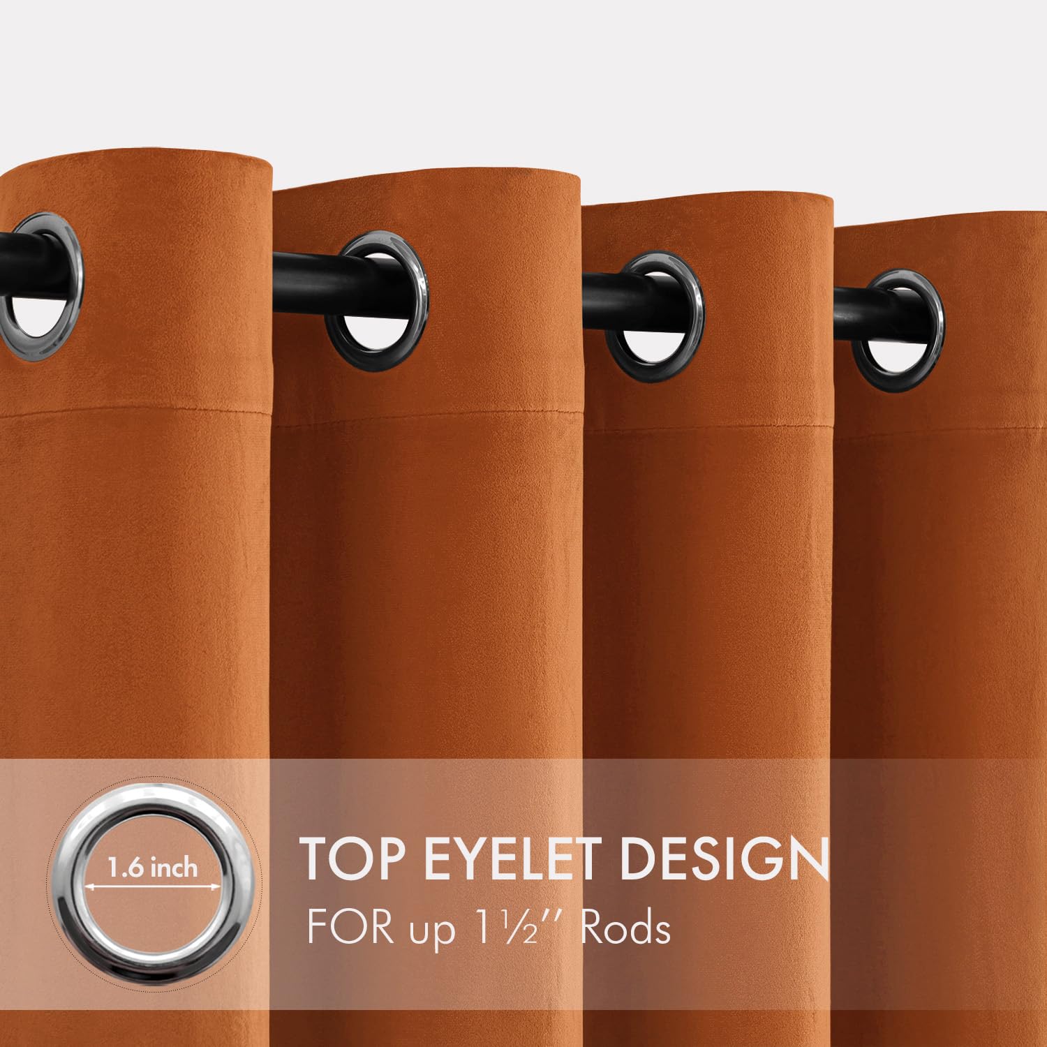 EMEMA Lot de 2 rideaux opaques en velours avec œillets - Orange foncé - 300 x 140 cm (H x l) | Rideaux en velours avec œillets, décoratifs, pour salon, doux, occultant, thermique, insonorisant, chambre à coucher