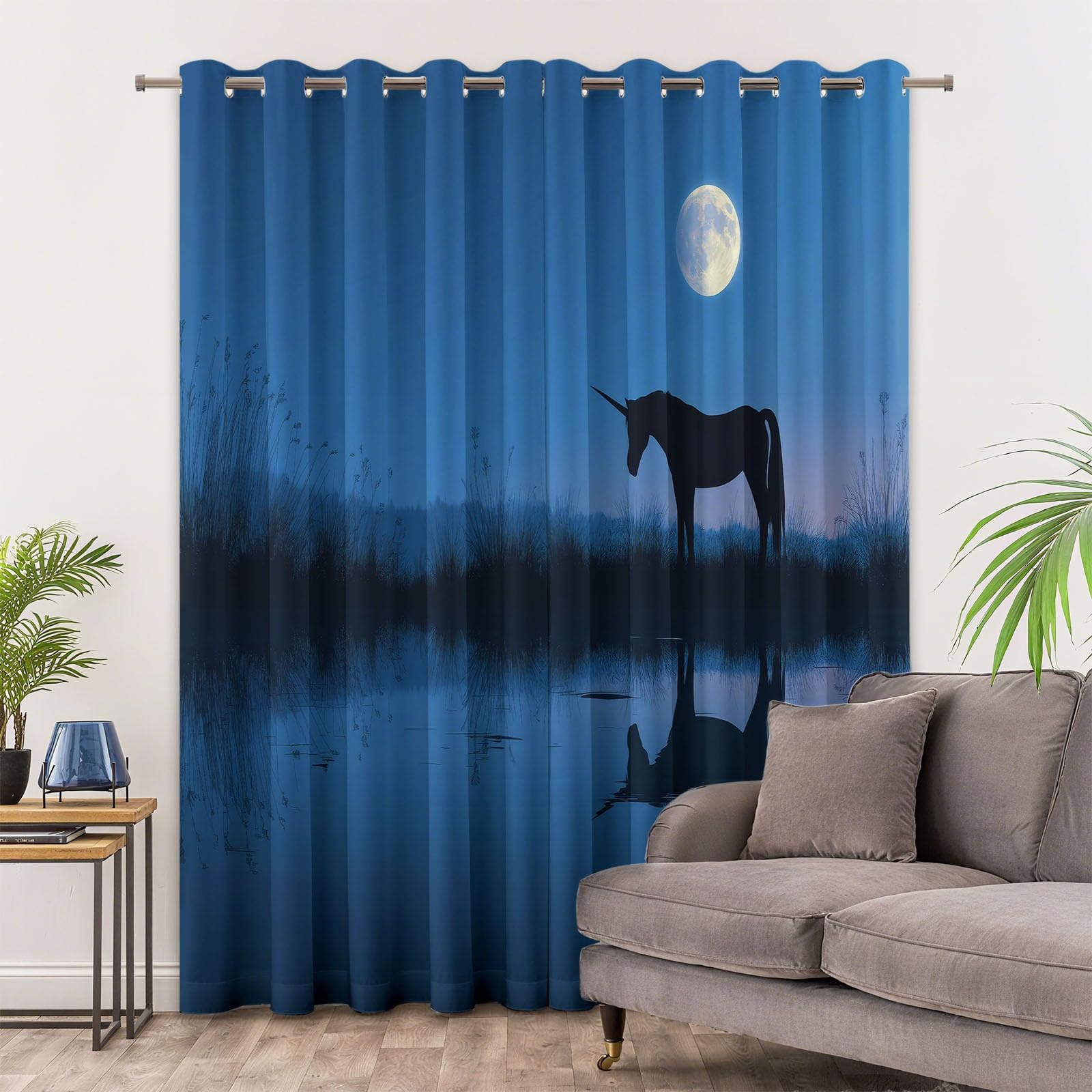 Lot de 2 Rideaux Occultants Bleu Fantaisie Minimalisme Animaux Licornes pour Adulte, Rideau de Porte et Fenêtre Isolant Thermique pour Homme et Femme Salon Chambre Bureau, 140 X 260 cm (L x H)