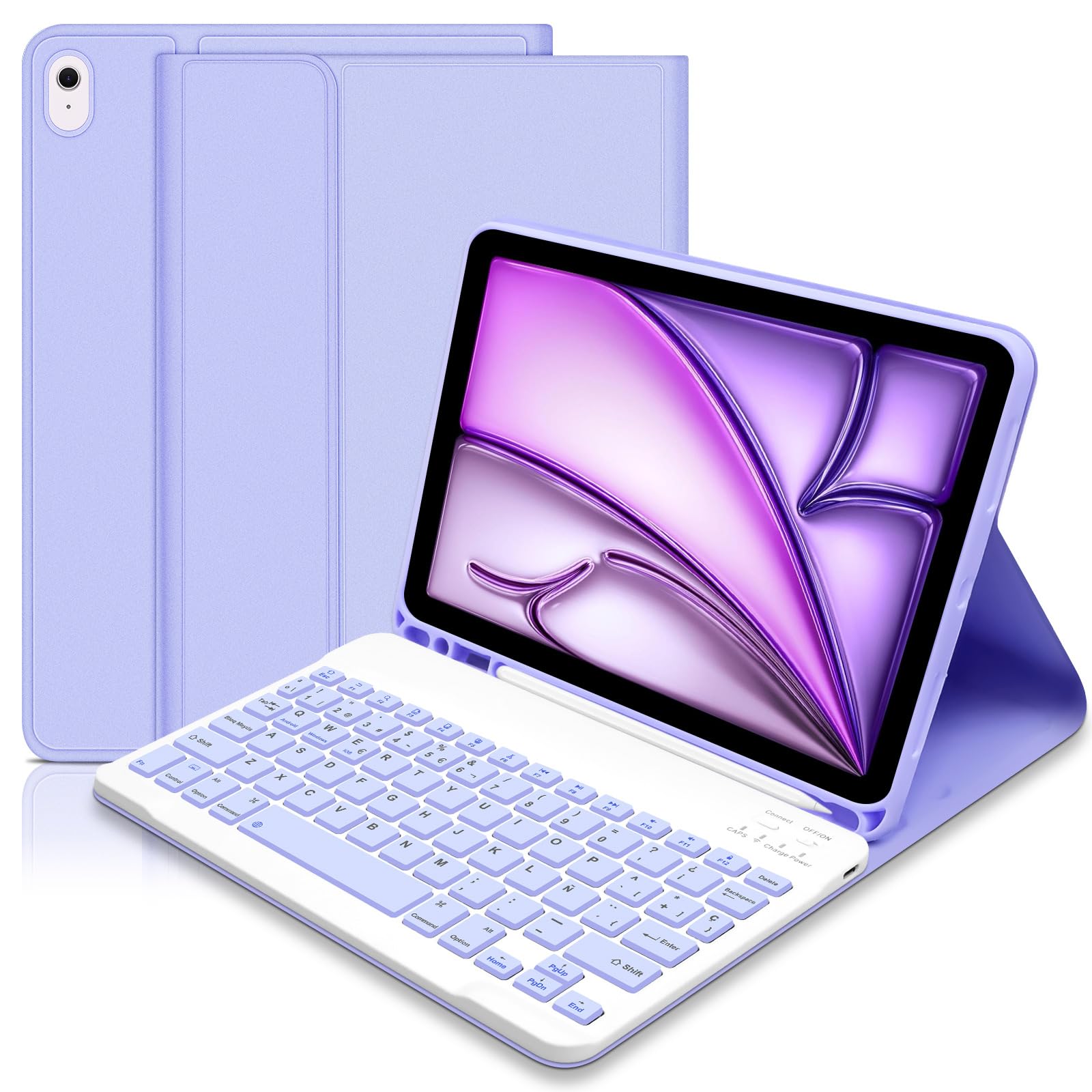 Teclado para iPad Air de 11 Pulgadas M3 2025/M2 2024, Funda con teclado para iPad Air 11，Ultra Delgada Funda con Portalápices,teclado Bluetooth Magnético Desmontable para ipad Air 5/4 Gen, Púrpura