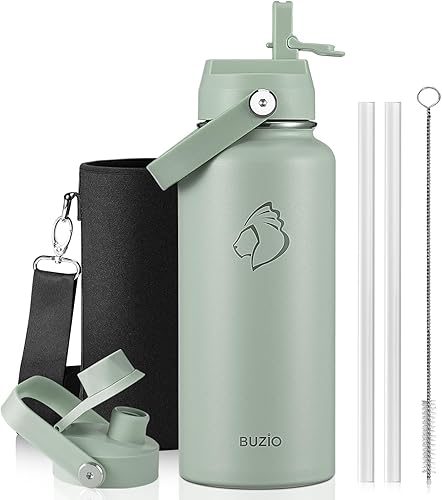 Miniatura 52 de BUZIO Botella de agua aislada de 24 oz, frasco de agua de boca ancha de acero inoxidable con tapa de pajita, frío durante 48 horas a prueba de