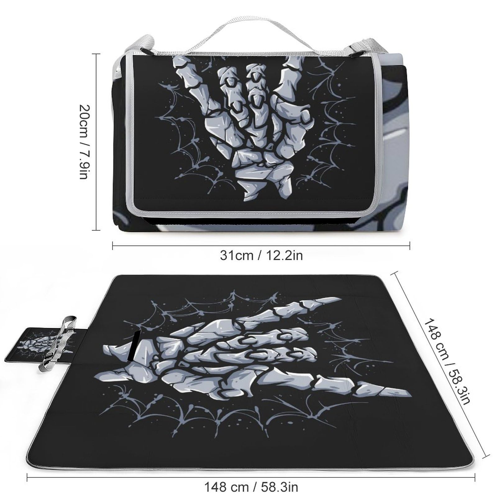 Skeleton Print Picnic Blanket Waterproof Foldable, Large Outdoor Picnic Blanket Beach Blankets Camping Blanket Travel Mat, Shoulder Strap Tote, Rectangle 58x58in