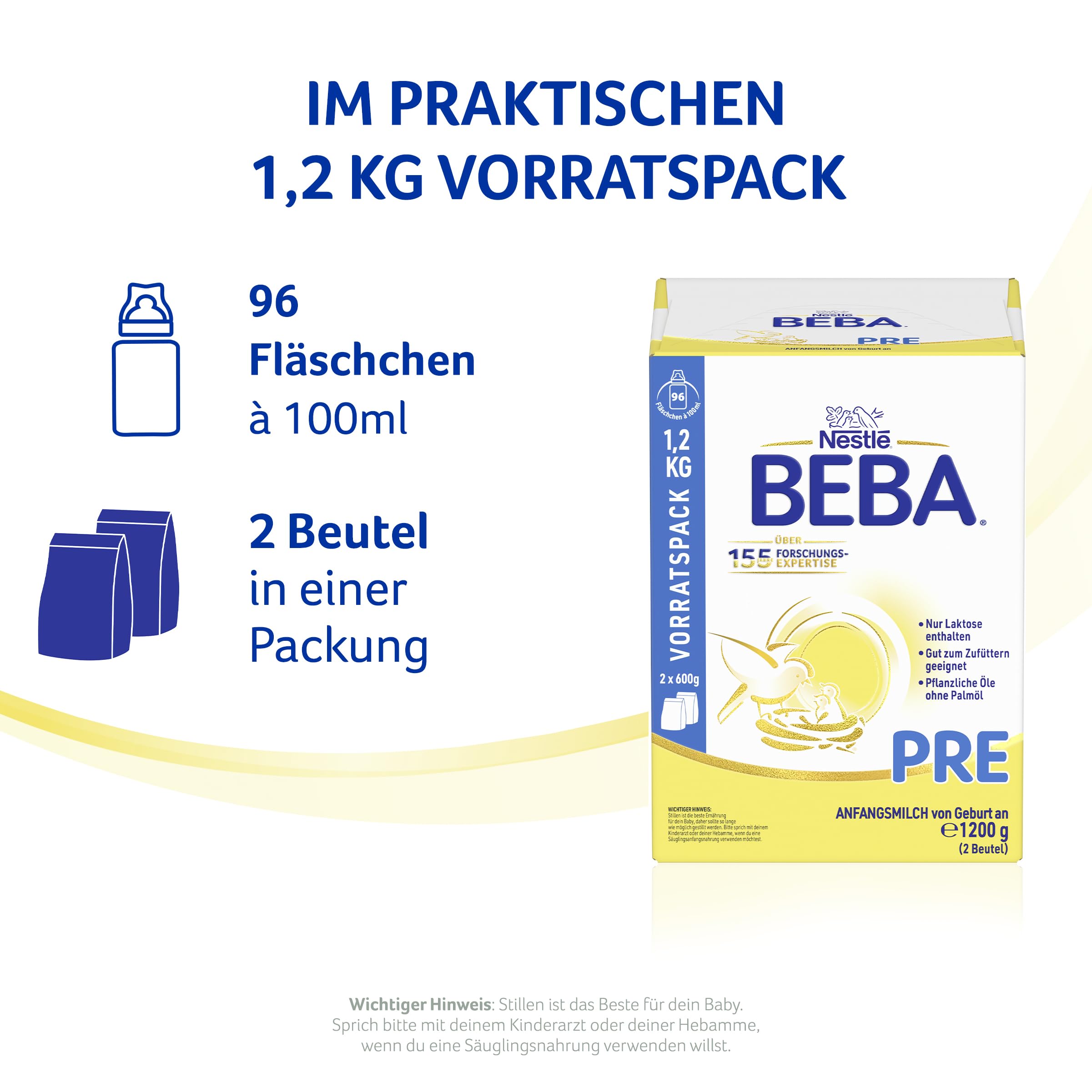 BEBA PRE Anfangsmilch von Geburt an, Nur Laktose, Ohne Palmöl, Ohne Fischöl, Babynahrung, Baby-Milchpulver, Vorratspack 1er Pack (à 2 x 600g)