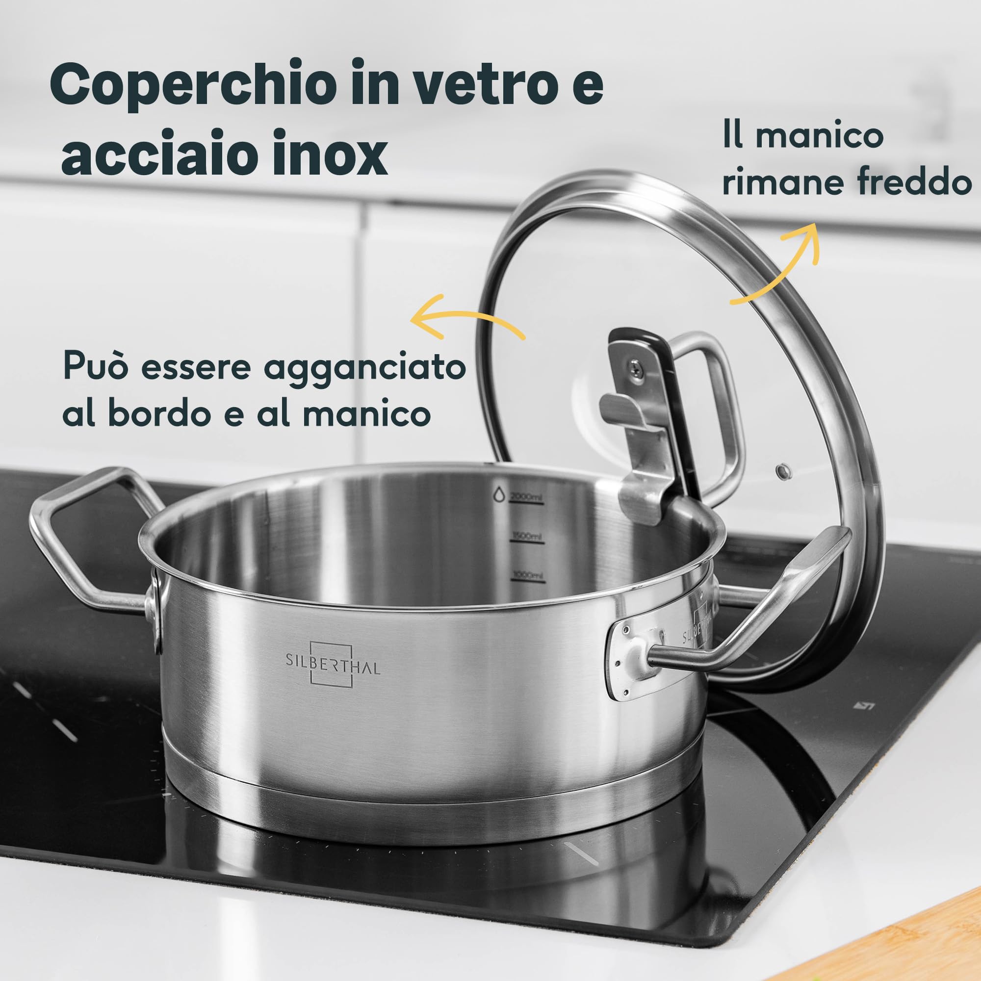 SILBERTHAL Casseruola induzione 20 cm - Acciaio inox - Pentola con coperchio di vetro - Triplo fondo
