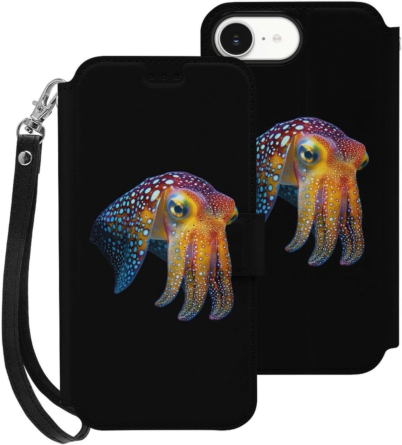 Cuttlefish Glowing Squid Compatible with iPhone 16/16 Plus/16 Pro/16 Pro Max/16 E Case Phone Wallet Card Holder Flip Cover with Wrist Strap