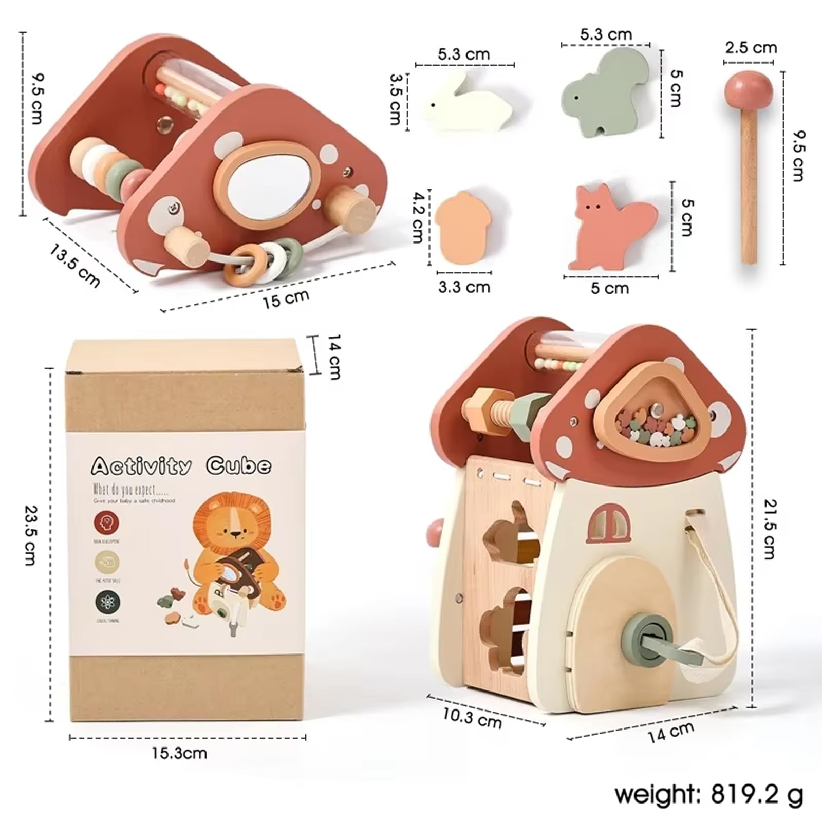 Cubo di attività in legno, classificatore di forme Montessori e giocattolo dell'Arca di Noè, centro di apprendimento musicale multisensoriale con manopole a fungo ed elementi a percussione