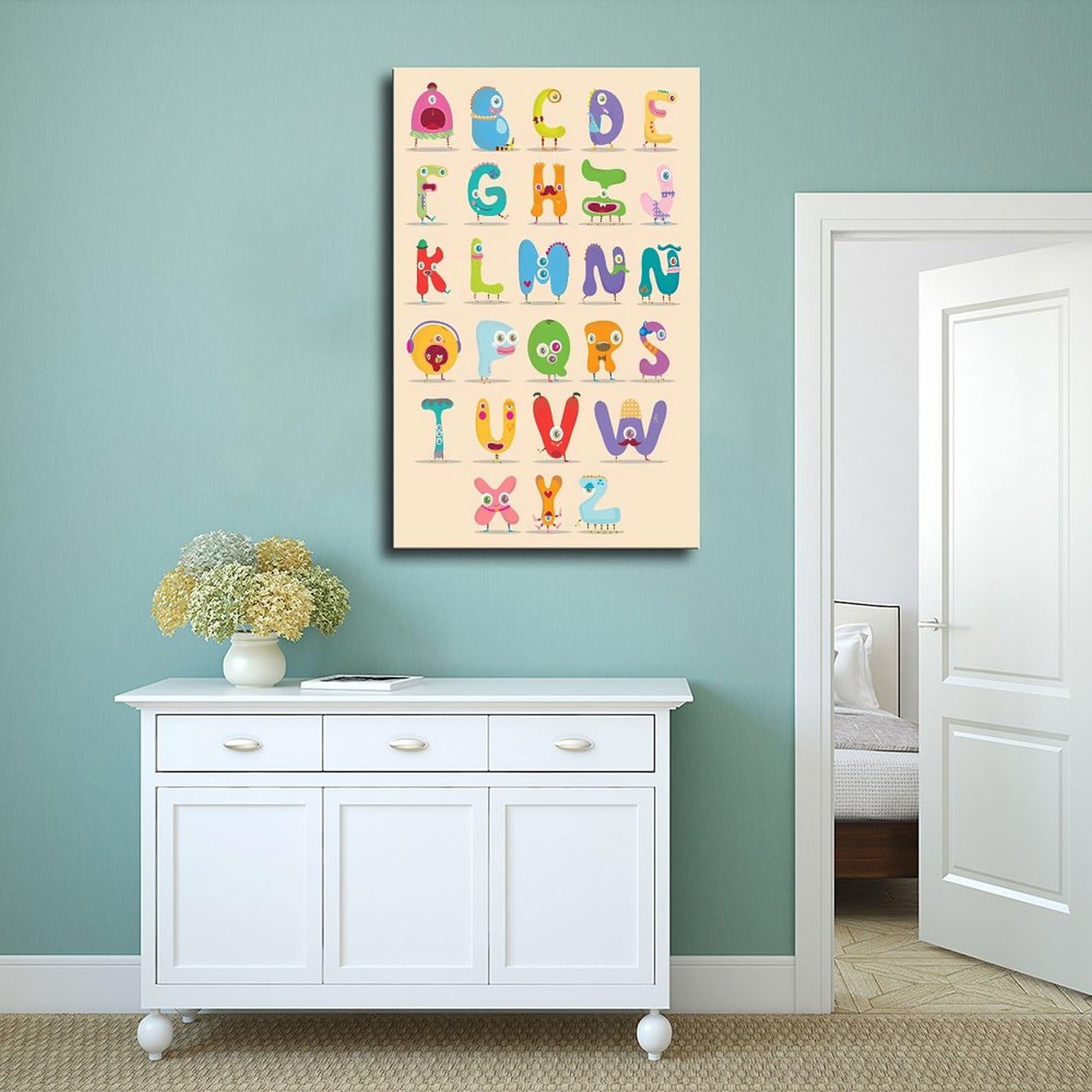 Poster éducatif sur toile représentant un petit monstre 24 lettres de l'alphabet pour enfants, décoration de chambre, bureau, chambre, cadeau, sans cadre : 60 x 90 cm
