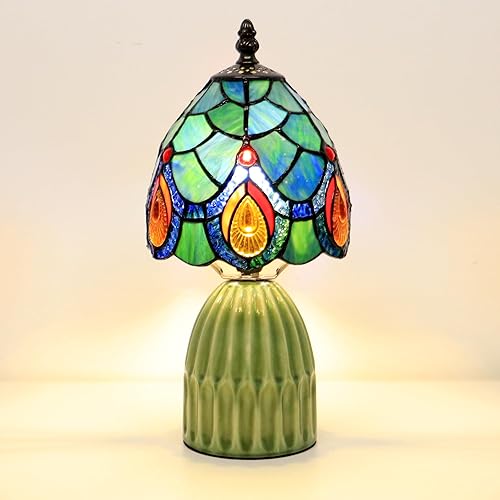 Miniatura 9 de Tiffany Lamp Stained Glass Mushroom Table Lamps 6X6X12.5 Inch Sea Blue Peacock Tail Style Small Night Light Ceramic Base Mini Accent Desk Light