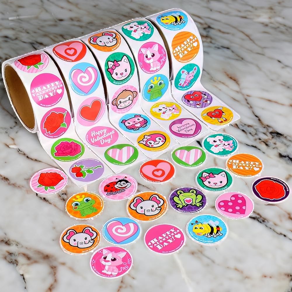 5 Rolls ~ Valentine Stickers ~ 100 Stickers Per Roll ~ 500 Stickers Total ~ Approx. 1.5" ~ New / Shrink-wrapped ~ Hearts, Animals, More