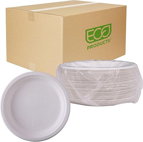 ECO PRODUCTS Platos de papel compostables Vanguard de 6 pulgadas, caja de 1000, fibra moldeada blanca desechable, redondos, sin árboles, más fuertes