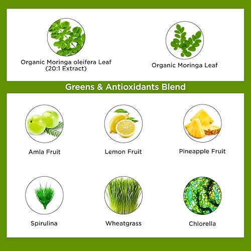 Miniatura 4 de Organic Veda Moringa Powder Super Greens - 20 X Extracto concentrado de hoja de moringa con amla, pasto de trigo, espirulina, clorofila para té,