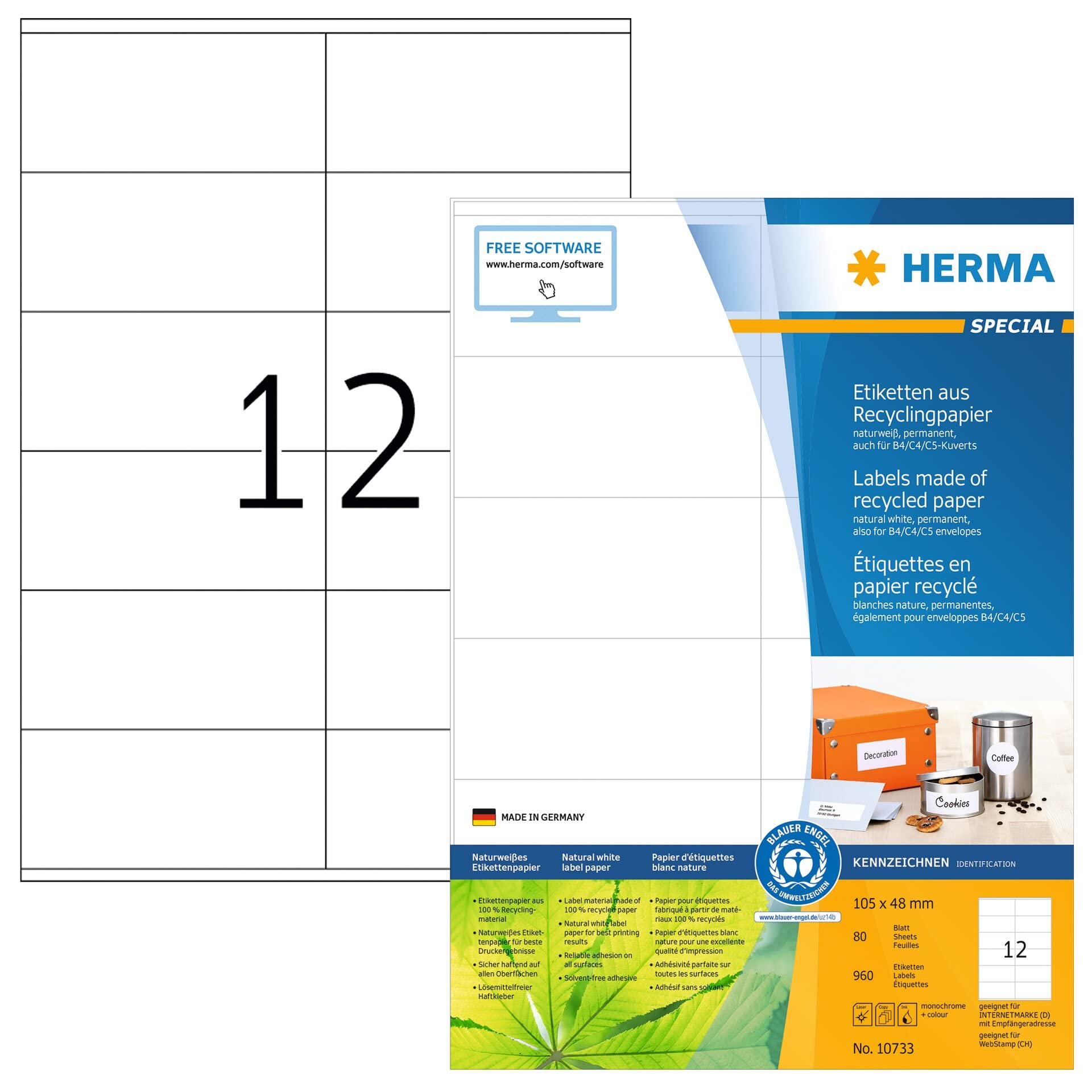 HERMA 10733 etykiety z recyklingu, DIN A4 (105 x 48 mm, 80 arkuszy, papier z recyklingu, matowe) samoprzylepne, do zadrukowania, trwałe naklejki adresowe, 960 etykiet samoprzylepnych, naturalna biel