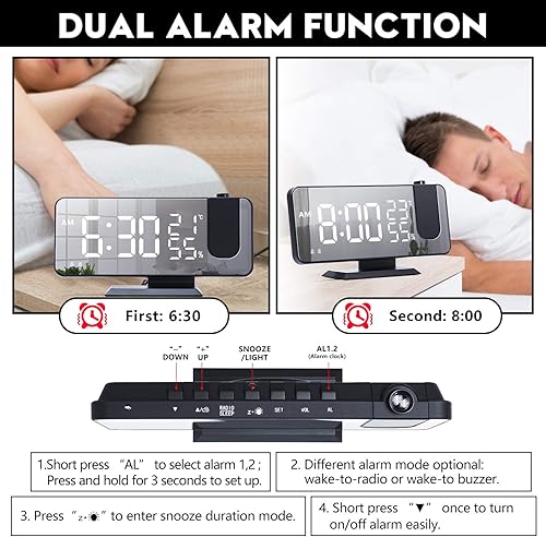 Miniatura 5 de Mightree Reloj despertador de proyección para dormitorio, reloj despertador digital con cargador USB, pantalla de espejo LED grande de 7.4 pulgadas,