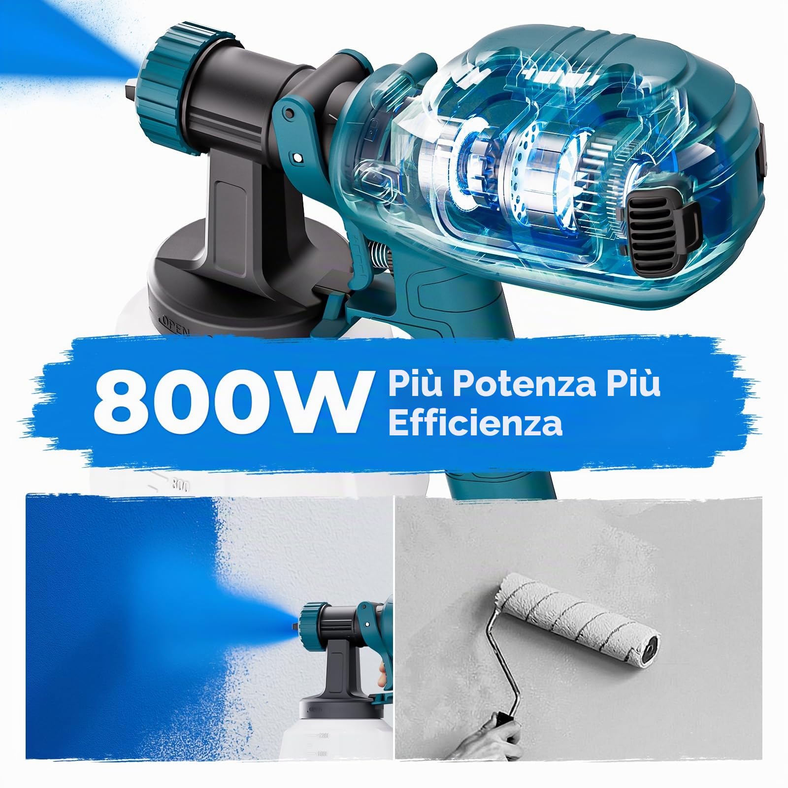 HANSILK Pistola per Verniciare HVLP Elettrica 800W Serbatoio 1200ML | Doppia testa,5 ugelli intercambiabili,3 modalità di spruzzo,struttura smontabile facile da pulire,ideale per mobili e pareti