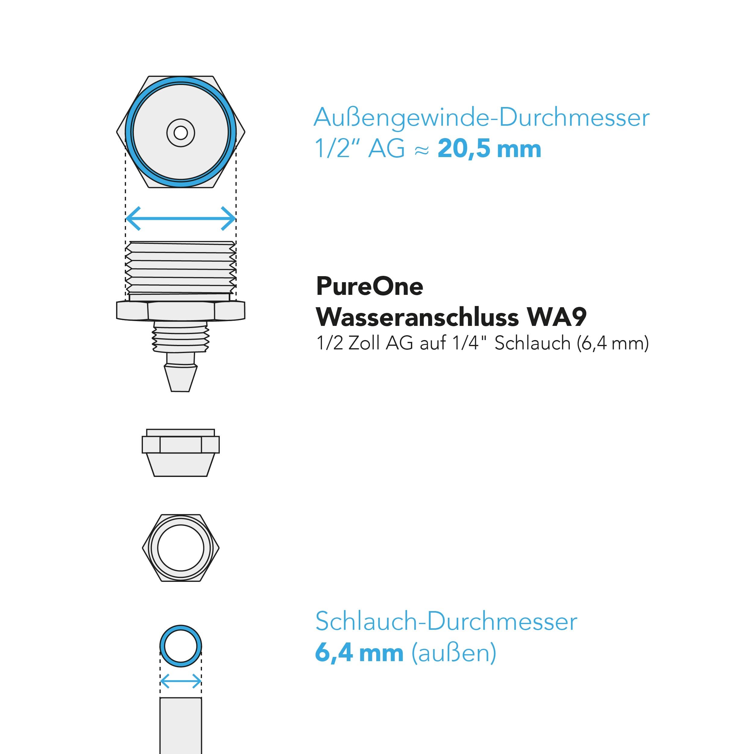 Wasseranschluss WA9 1/2 Zoll AG auf 1/4" Schlauch für Wasserinstallation, Filter, Kühlschrank