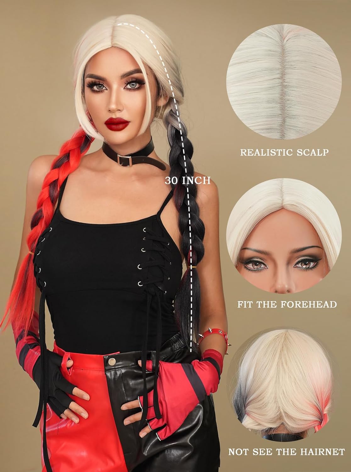 PARK YUN Long Red and Black Double Ponytails Cosplay Wig 30 Inch Braided Middle Part Hair Tail Dye Wigs Synthetic Heat Resistant Wig for Women Halloween Used.