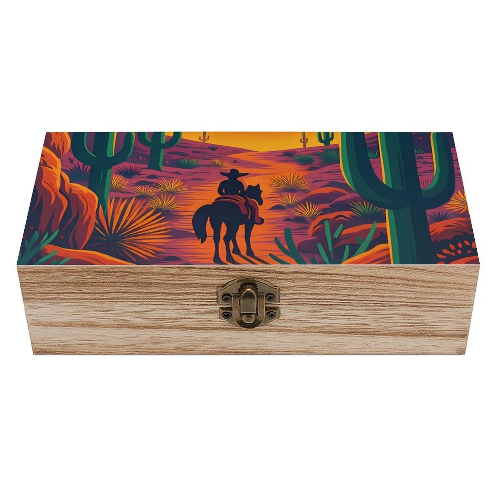 Oudrspo Sunset Cowboy in Desert with Cactus Retro Wooden Storage Box Keepsake Jewelry Decorative Art Storages Box Gift Boxs