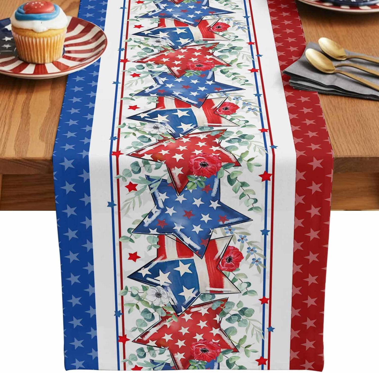 4th of July Table Runner 13x120 Inches Long Patriotic Stars Runner for Table Poppy Independence Day Table Runners Washable Dresser Scarf for Kitchen Coffee Dining Memorial Day Holiday Party Decor