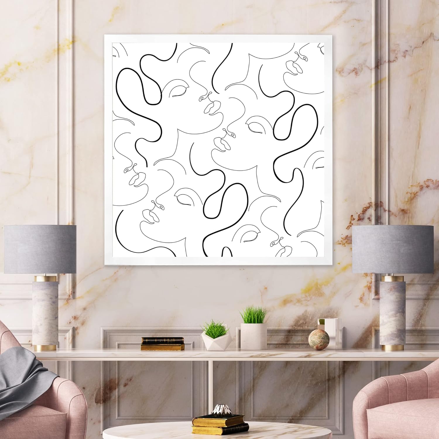 Monochrome One Line Drawing Portraits Modern Framed Wall Art