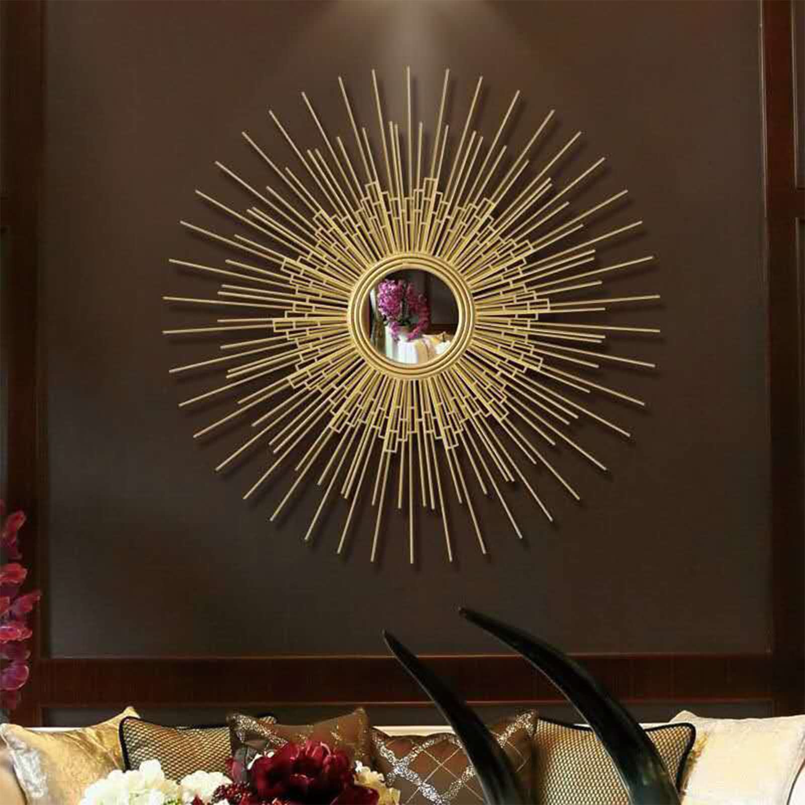 Miroir Mural Rond En Sélénite 24 Pouces – Motif Soleil, Artisanal, Pour Salon, Salle De Bain