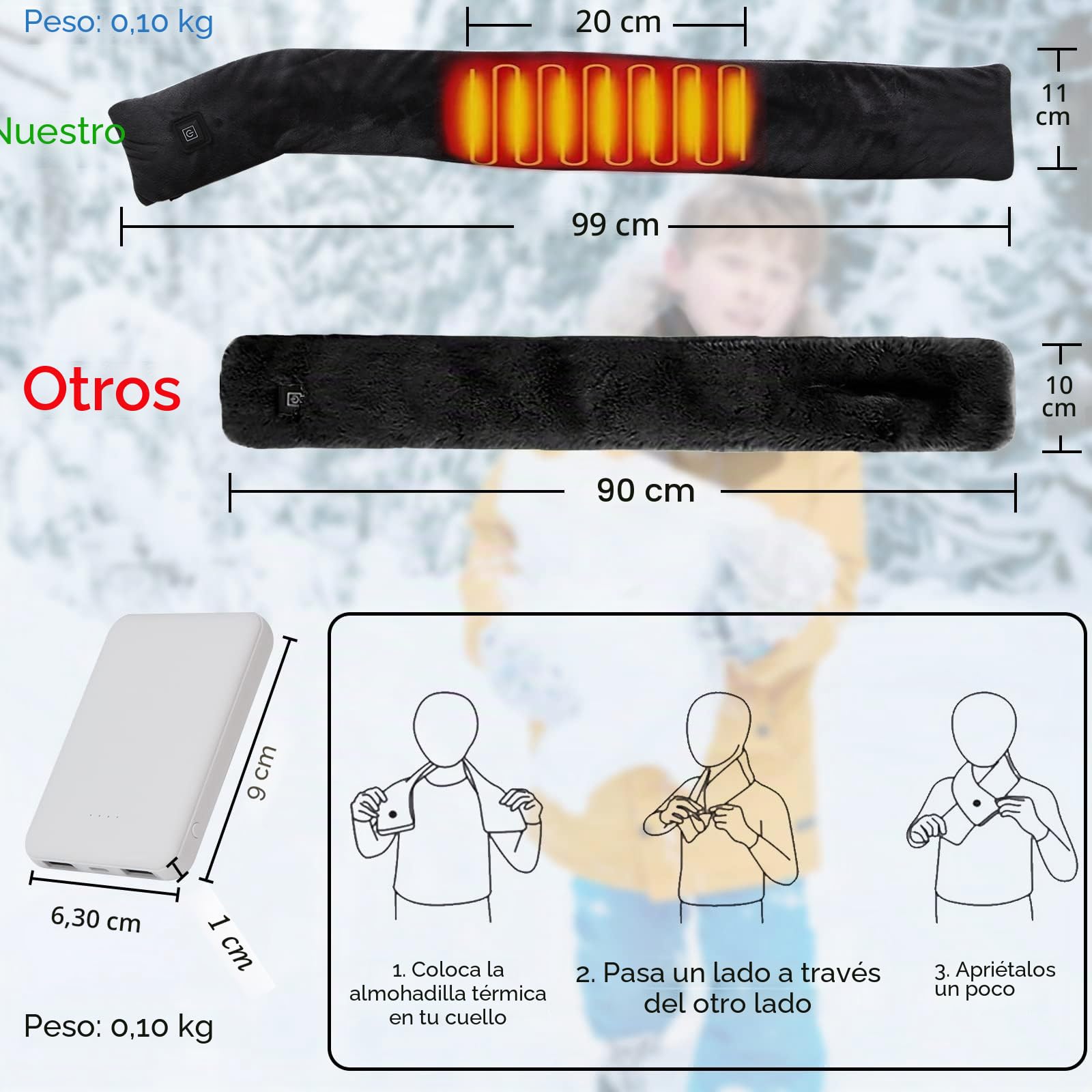 Bufanda térmica para mujer,calentador eléctrico para el cuello con banco de energía de 5000 mAh,bufanda calefactora recargable para mujeres y hombres,regalos navideños para mamá,mujeres,niños(negro)