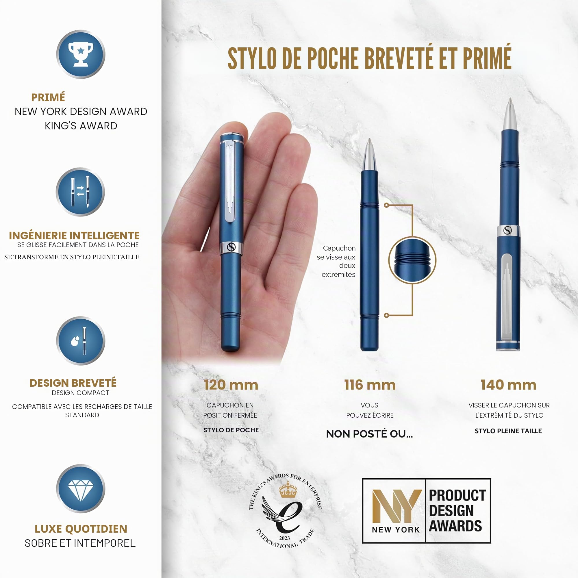 Scriveiner Roller Bleu EDC Stylo de luxe, Stylo de poche lourd avec finition chromée, d'écriture agréable, Cadeau homme et femme, Recharge Schmidt, Ensemble de stylos de bureau