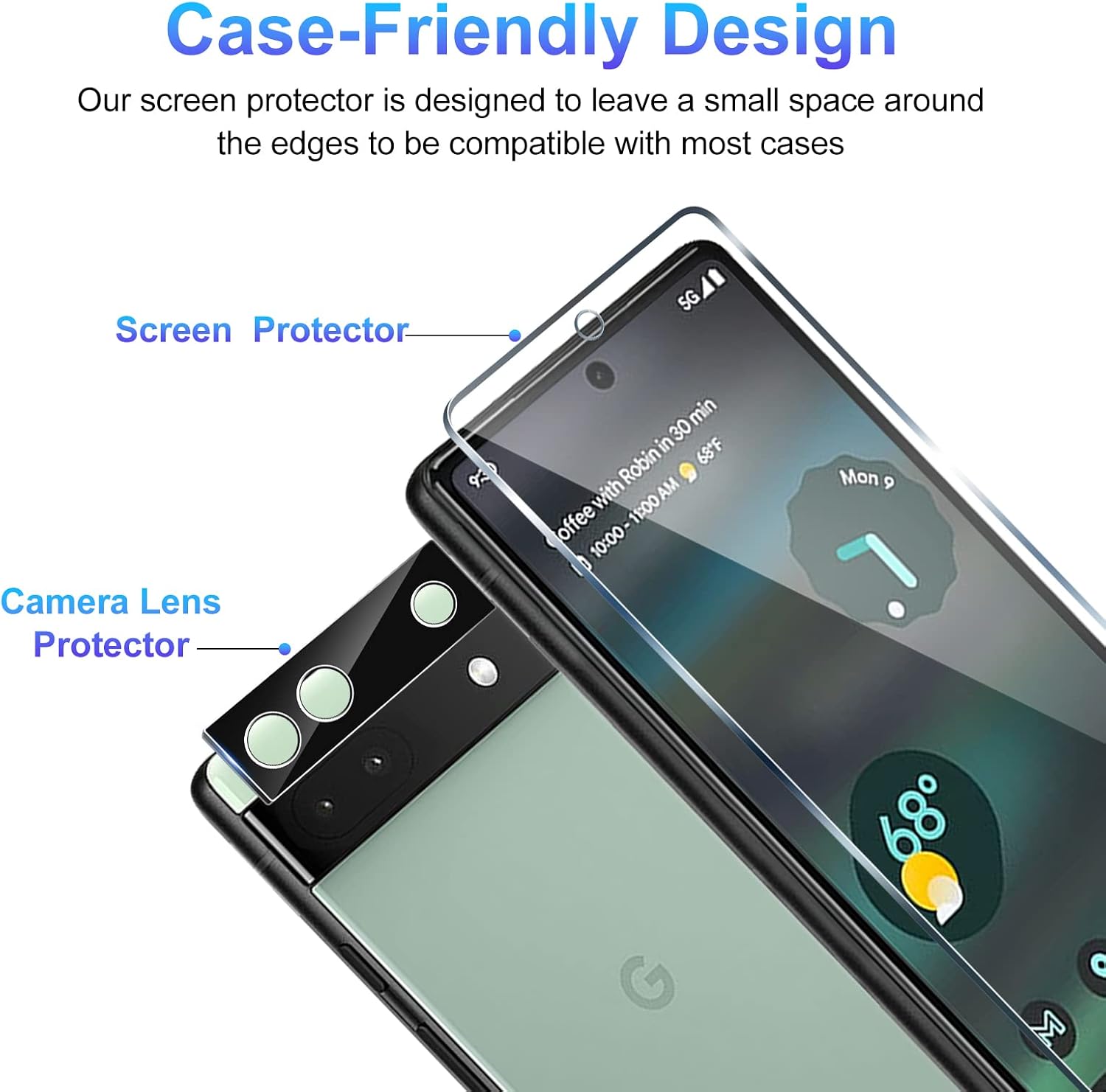 TQLGY 3 Pack Screen Protector for Google Pixel 6a with 3 Pack Tempered Glass Camera Lens Protector, Fingerprint Unlock Compatible, Ultra HD, 9H Hardness, Anti Scratch, Bubble Free