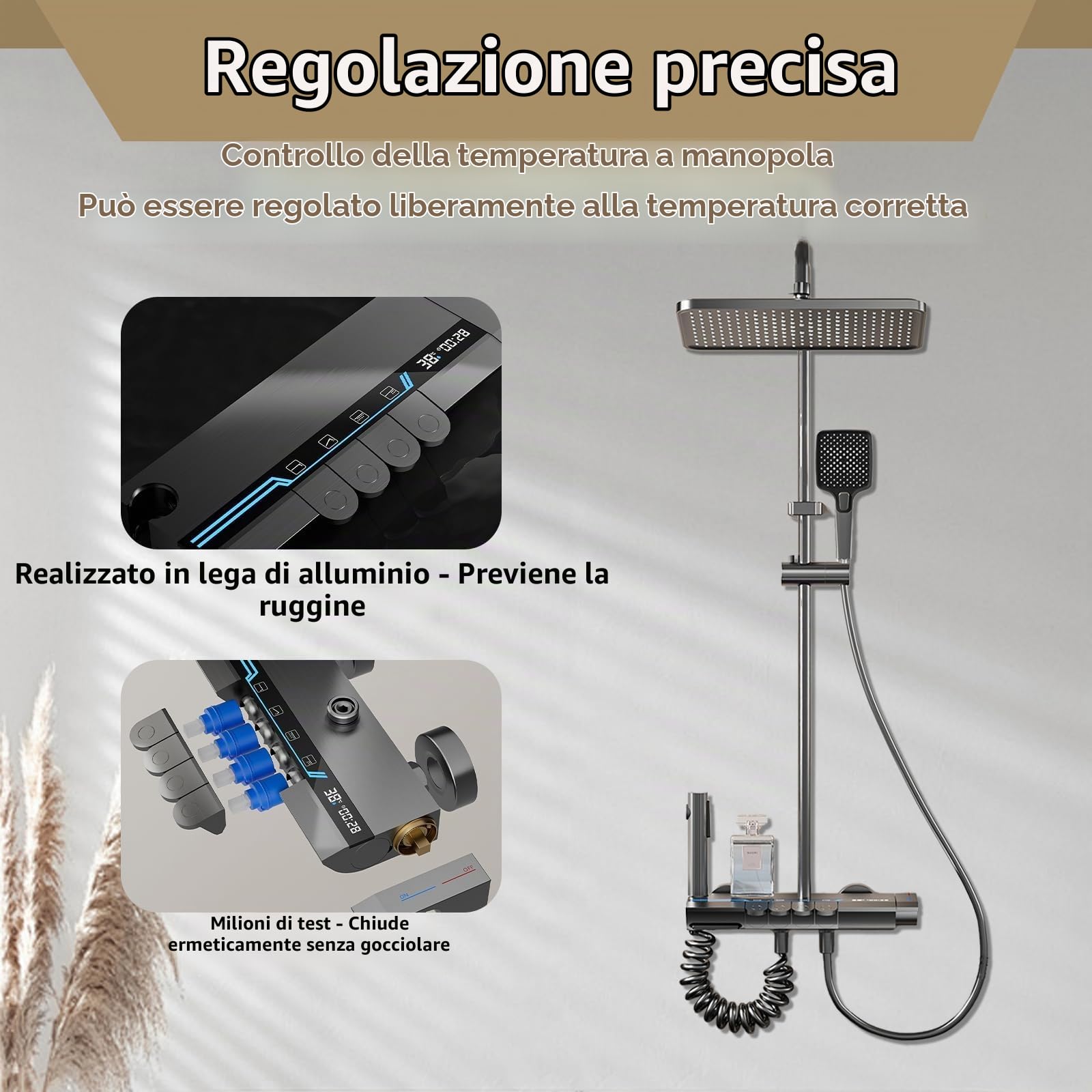 Colonna Doccia a LED con Display Digitale e Orario, Colonna Doccia con Miscelatore con 4 Tasti di Pianoforte, Altezza Regolabile da 77 a 115 cm, Doccetta a Pulsanti e Luci Multicolori