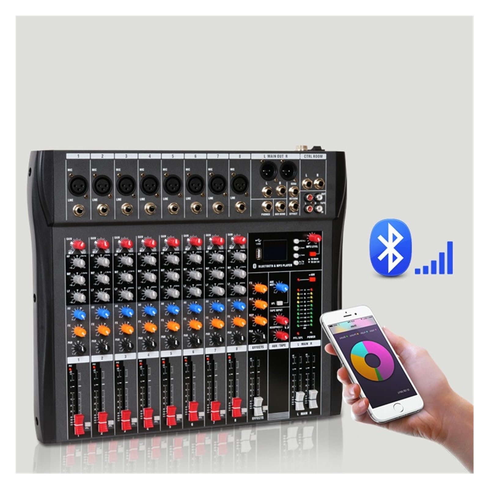 Mikser audio, profesjonalny mikser z 8 kanałami, konsola do miksowania dźwięku, obsługa Bluetooth, USB i zasilanie fantomowe 48 V do nagrywania na imprezach