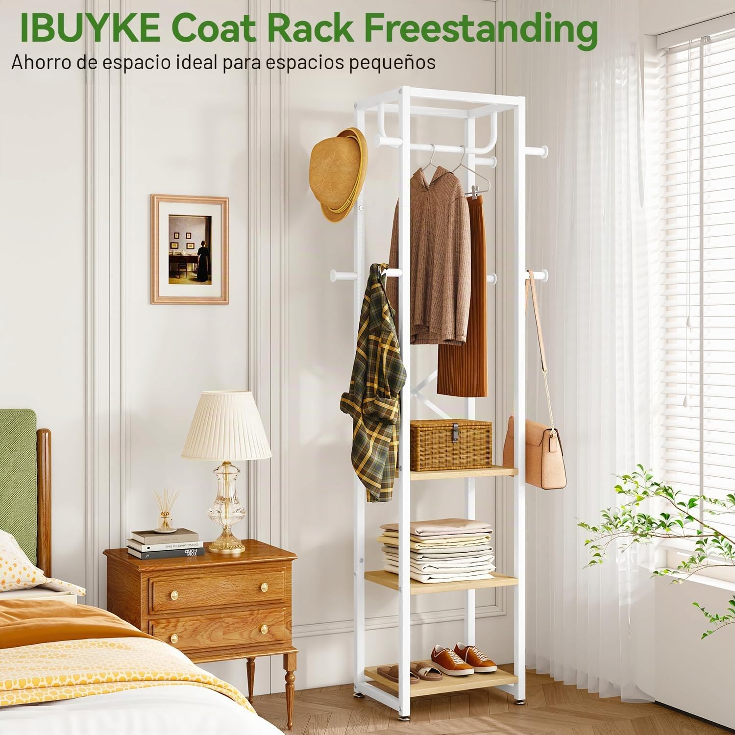 IBUYKE Perchero, Perchero independiente con 3 estantes y 8 ganchos, Perchero industrial de ropa para entrada, pasillo, dormitorio, 180 x 40 x 30 cm, color natural y blanco TMJ088R