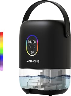 MONHOUSE Premium Dehumidifer - 1000ml - Ultra Quiet Electric Moisture Absorber - 7 Colorful Nightlight, 2 Working Modes, Touch Screen, Auto Shut Off, Humidity & Temperature Indicator - Black