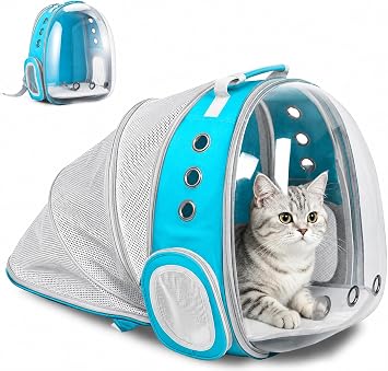 Cat Carrier Backpack, Expandable Cat Carrier Backpack, Ventilated Cat Bubble Backpack for Pet, Pet Carrier for Travel Hiking Walking Camping light Blue, Rear Extension