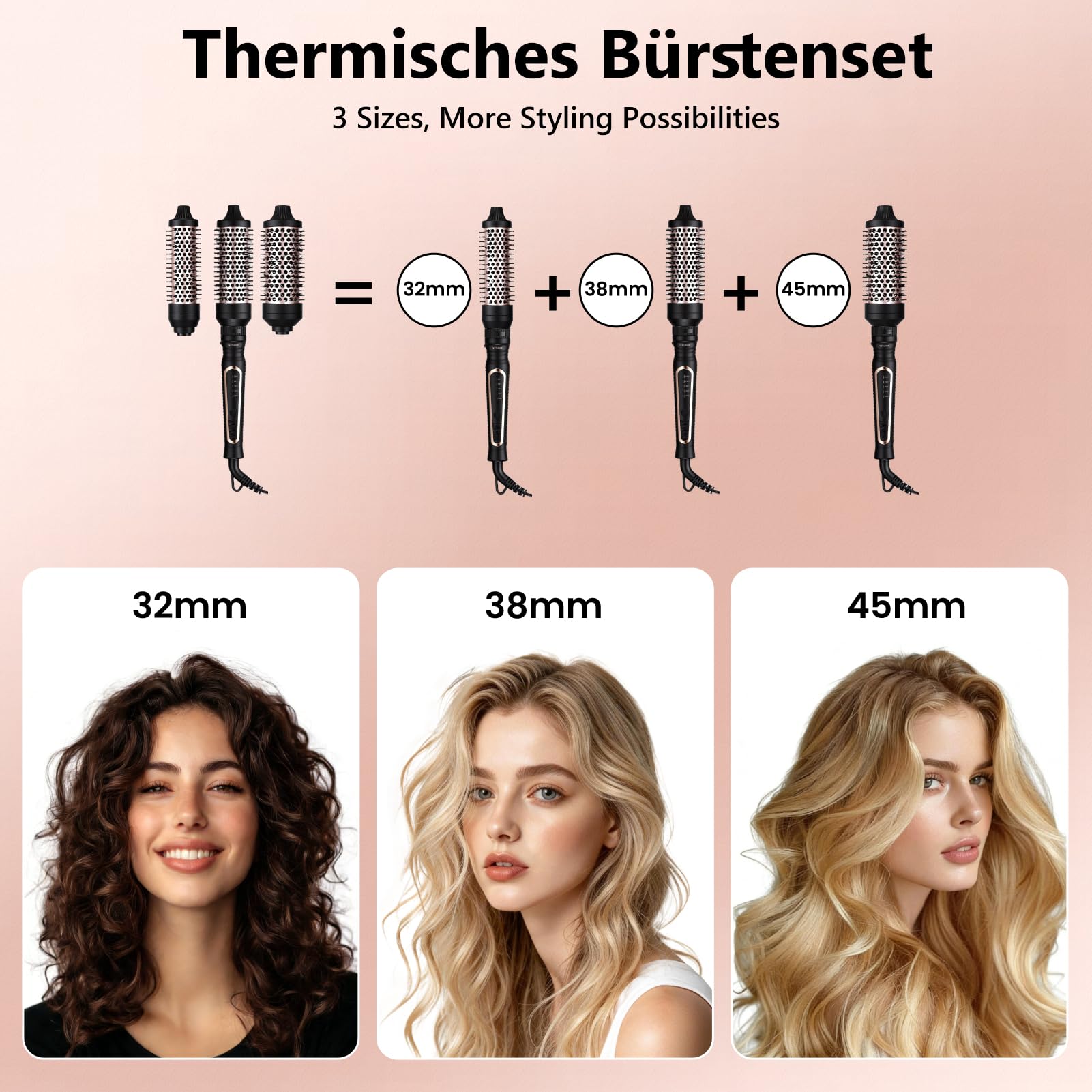 3-in-1 Ionen-Wärmebürste Set (32/38/45mm), Doppelspannung | Thermobürste Rundbürste mit 5 Temperatureinstellungen (150°C–230°C), inkl. Tasche und Hitzeschutzhandschuh