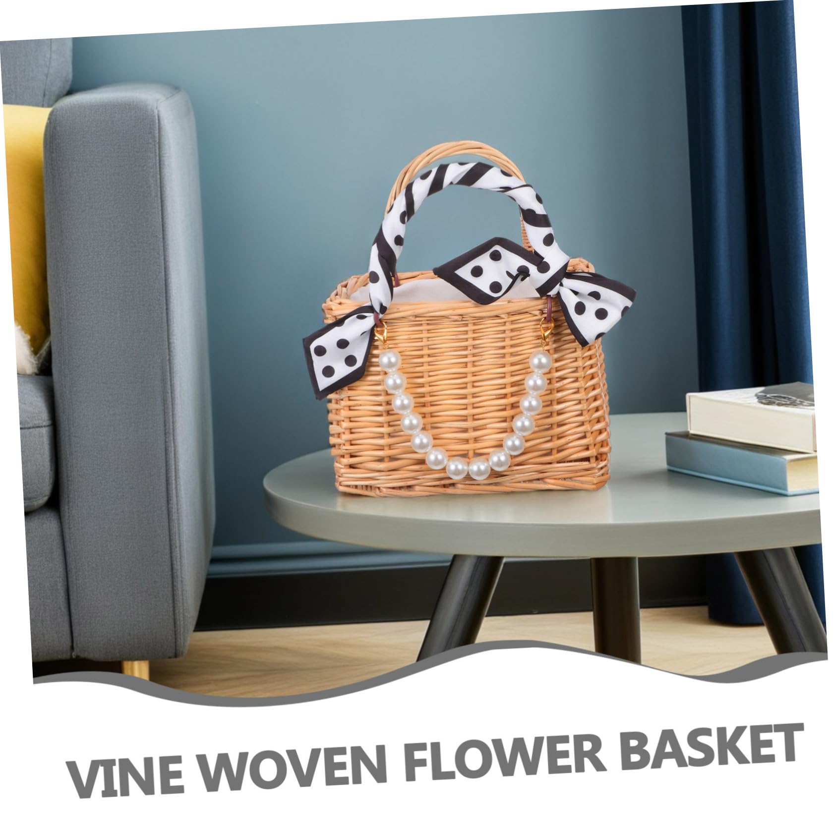 Ciieeo Handgewebter Rattan-blumenkorb mit Kunstperlen-griff Leichtes Offenes Design Vielseitige Verwendung als Tragetasche und Blumendekoration für Hochzeit Garten Picknick und Urlaub