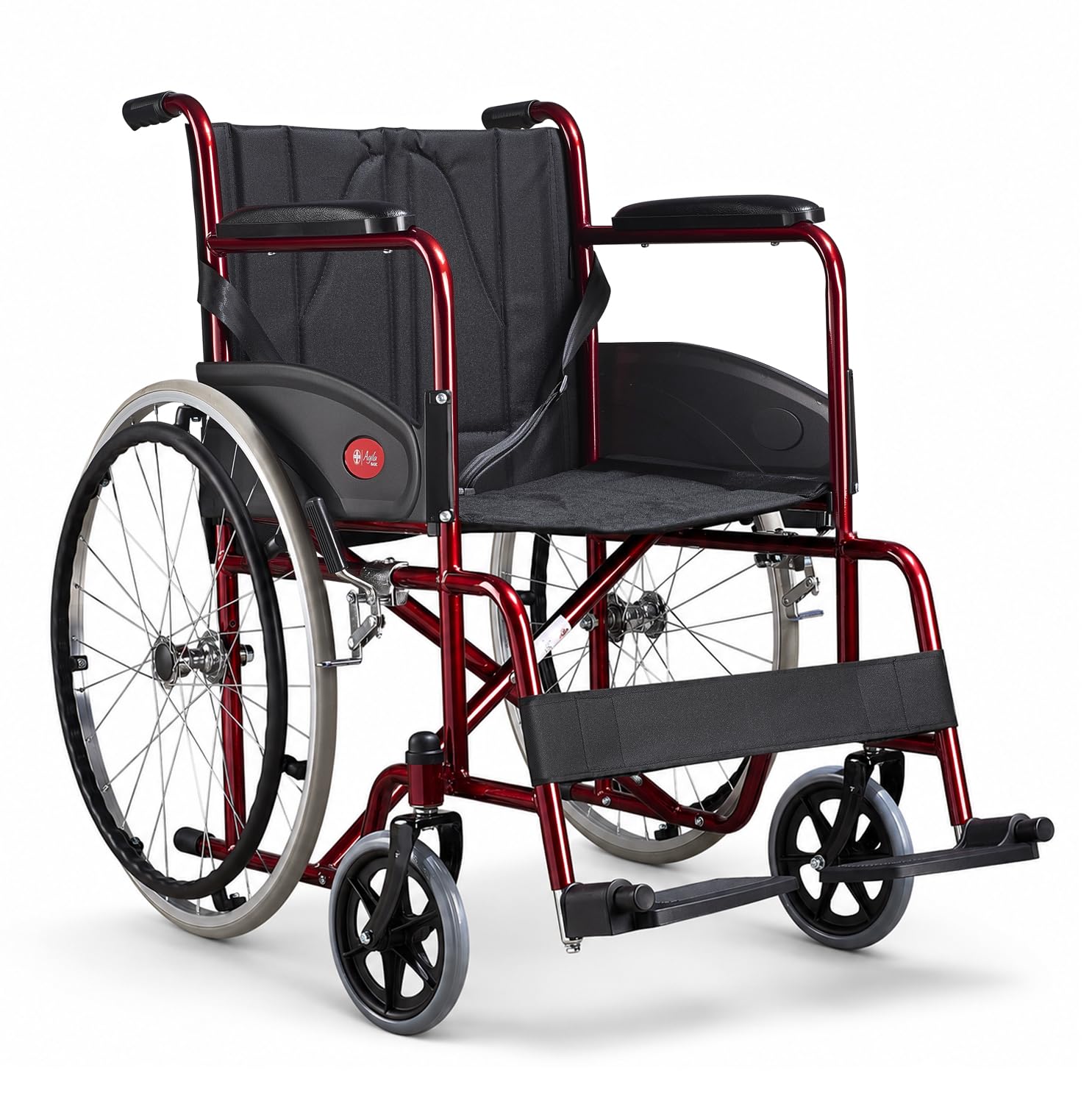 AIESI® Silla de Ruedas plegable ligera de autopropulsión para discapacitados y mayores AGILA BASIC, Reposabrazos y Reposapiés fijos, Cinturon de seguridad, Garantía de 24 meses