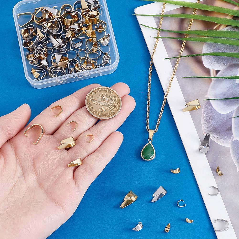 PH PandaHall 148pcs 6 Sizes Pinch Bails Snap on Bails Necklace Bails Pendant Connectors Stainless Steel Clip Links Charm Attachment Clasps for Jewelley Making DIY Crafts 6~13.5mm, Golden & Silver image 3