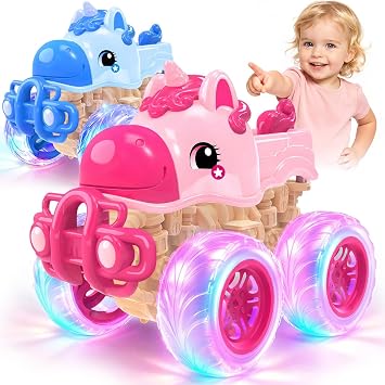 SEPHIX Cars for Toddler Age 1-4 Light-Up Unicorn Monster Trucks Toys for Toddler Girl Gifts, Unicorn Toys for Girls Age 1 2 3 4, 2-Pack Push & Go Pink Truck Toys for Girls Christmas & Birthday Gift