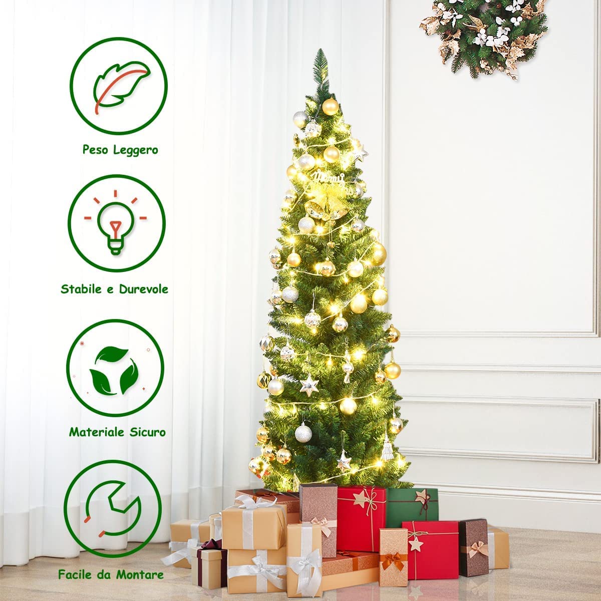 RELAX4LIFE Albero di Natale Slim 150/180/210/240 cm, Stretto e Alto, Rami Folti in PVC, Base in Metallo Pieghevole in Ferro,Albero Natale Artificiale Verde (240 cm)