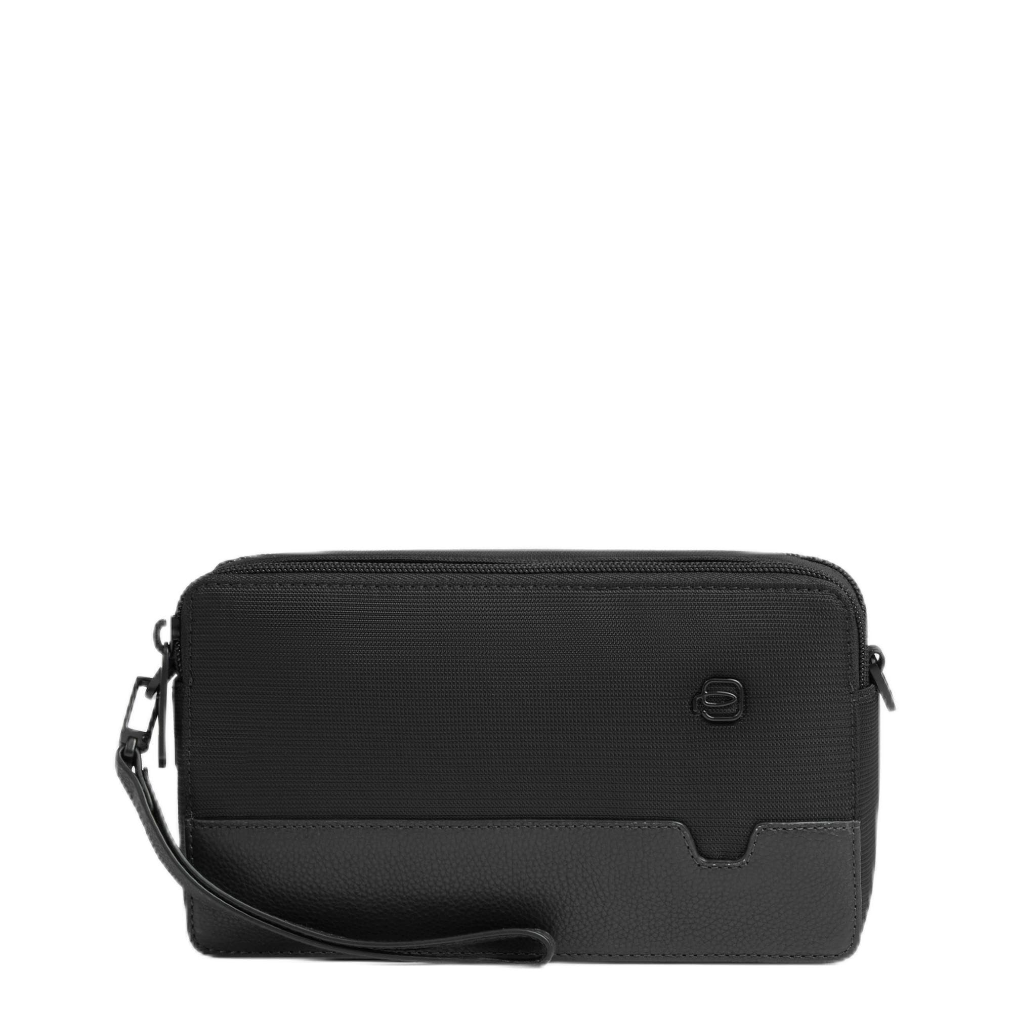 PIQUADRO – Pochette in Pelle e Tessuto Riciclato – 2 Scomparti, Polsiera Rimovibile – Colore Nero – Uomo