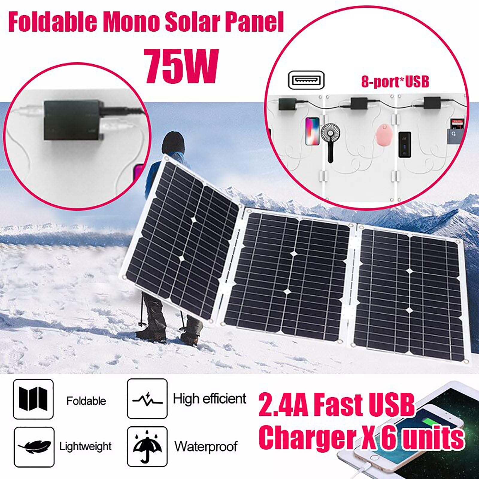 Kit de panneaux solaires complet, panneau solaire pliable et étanche 75 W, contrôleur de panneau solaire 12 V 50 A avec 4 ports USB et écran LED pour maison, camping car, bateau, ferme, toit, 6 000