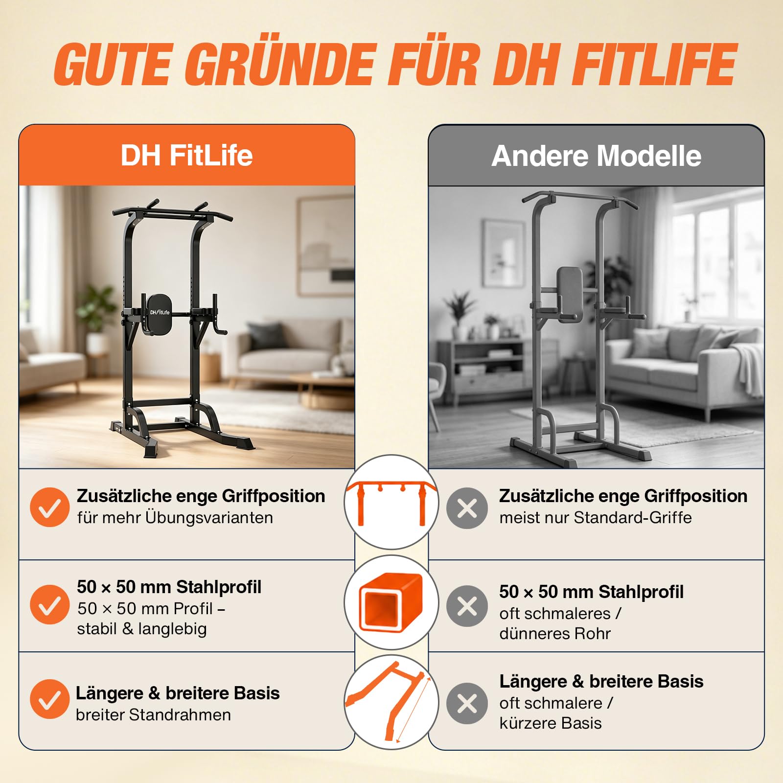 DH FitLife Power Tower Dip Station, Klimmzugstange freistehend bis 230 cm