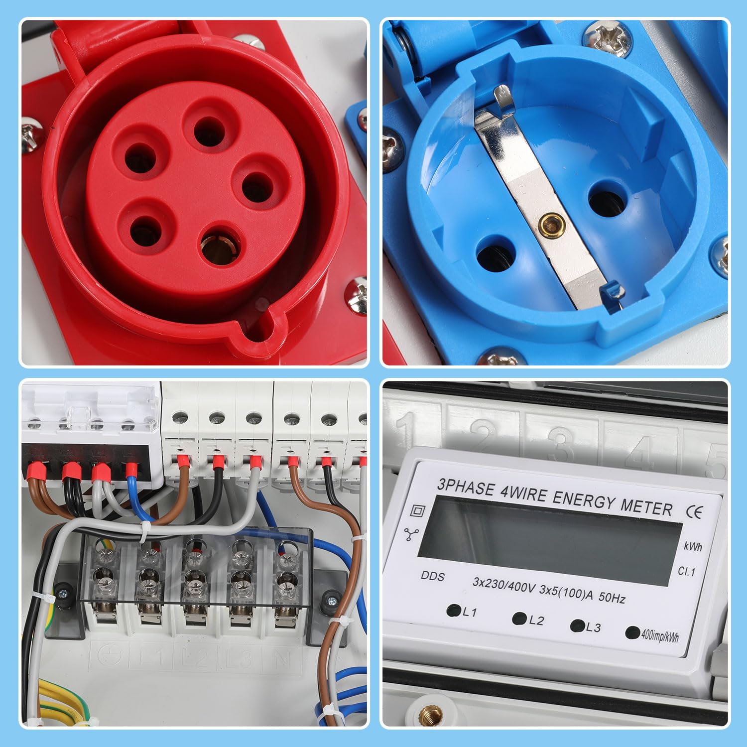 Randaco Distributore da parete con contatore elettrico a 3 fasi e MCB, 5 poli, con 3 prese Schuko e presa CEE 32 A, distributore di corrente per interni ed esterni