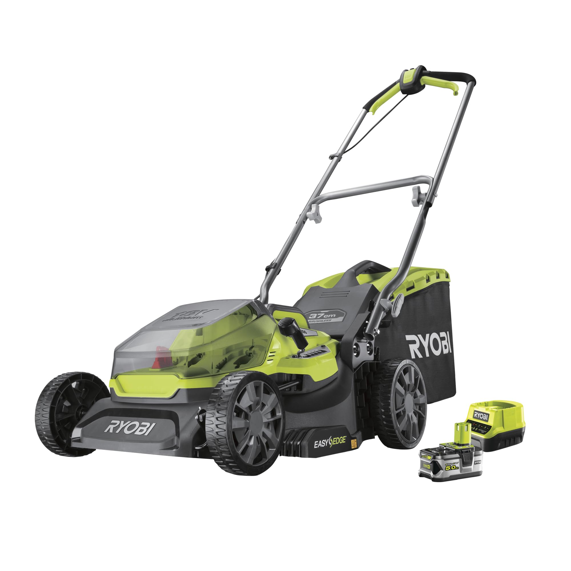 RYOBI 18 V ONE+ Akku-Rasenmäher RY18LMX37A-150, 37 cm Schnittbreite, bürstenloser Motor, inkl. 1 x 5,0Ah Akku & Ladegerät, für Rasenflächen bis 350 m²
