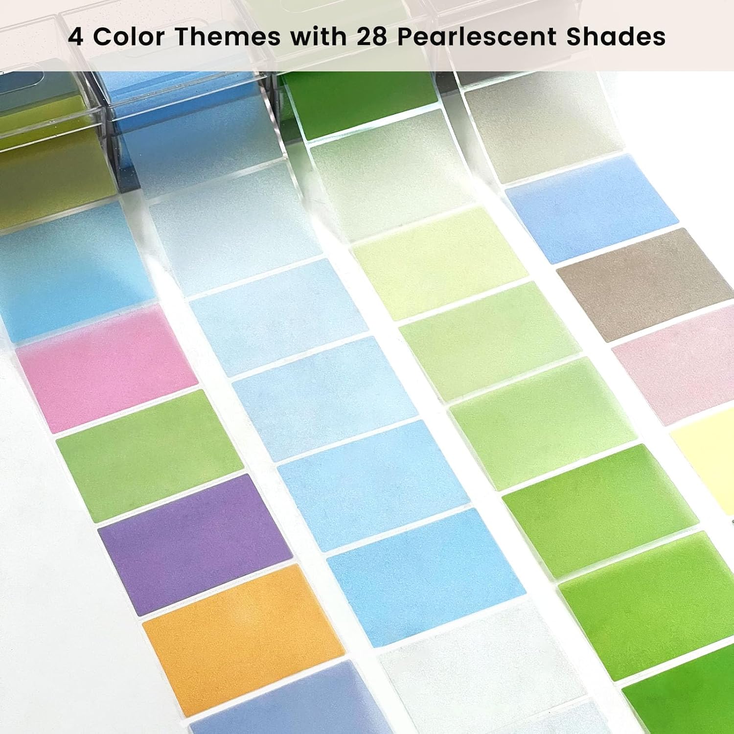 Daily Treasures 4-Pack Transparent Sticky Notes with Acrylic Pull Out Dispenser Boxes, 420 Sheets Pull-Out 28 Pearlescent Full Adhesive Memo Pads Sticker Label for Planners, Office, School (70x50mm)