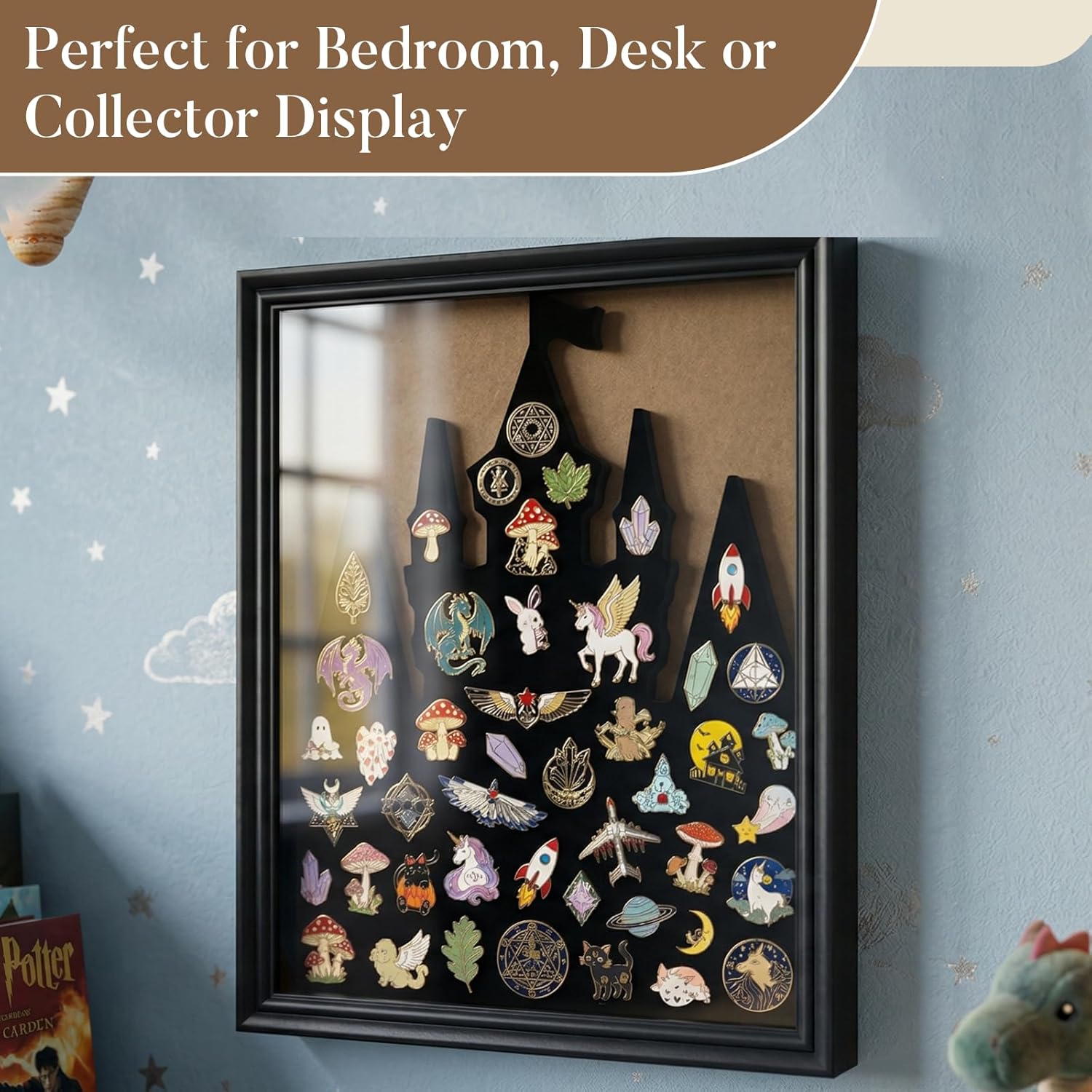 Castle Pin Display Frame,Wooden Pin Board,Wall Mount or Tabletop Display Case for Pins,Pin Collection Display, Pin Holder,14.3 x 12 in,Black