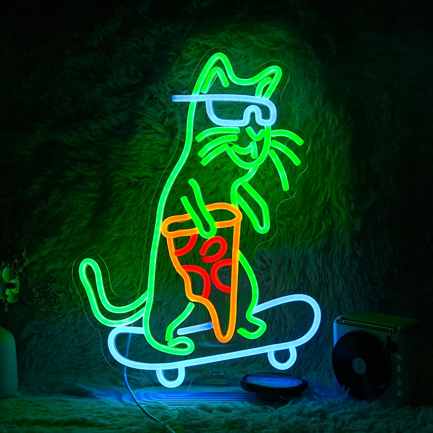 LIUOZHTEA Skateboard Cat Neon Sign LED Cool Glasses Cat Neon Light for Wall Decor Pizza Neon Light Sign Dimmable USB Cat Pizza Light Up Sign for Bedroom Pizza Restaurant Pet Shop Gift (16.7 
