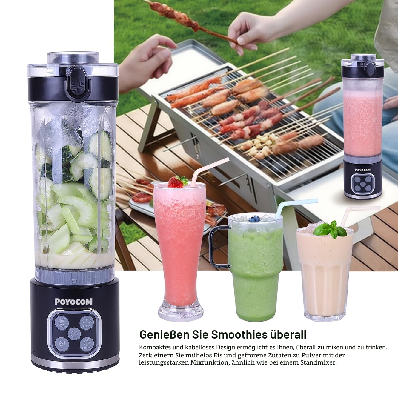 Mini-Standmixer und Smoothie-Maker, 750 ml abnehmbarer Behälter, 700W tragbarer Mixer, für Smoothies, Ice Crush, auslaufsicherer Deckel und Trinkschnabel, wiederaufladbar über USB-C, Schwarz